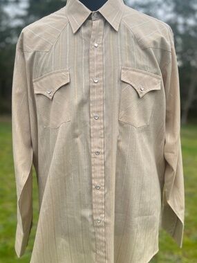 ELY CATTLEMAN Button Down Shirt | Pearl Snap Stripe Long Sleeve Beige | Mens XL